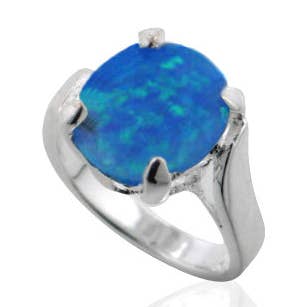 Large Oval Created Blue Opal Solitaire Sterling Silver Ring for wholesale by Silver Insanity