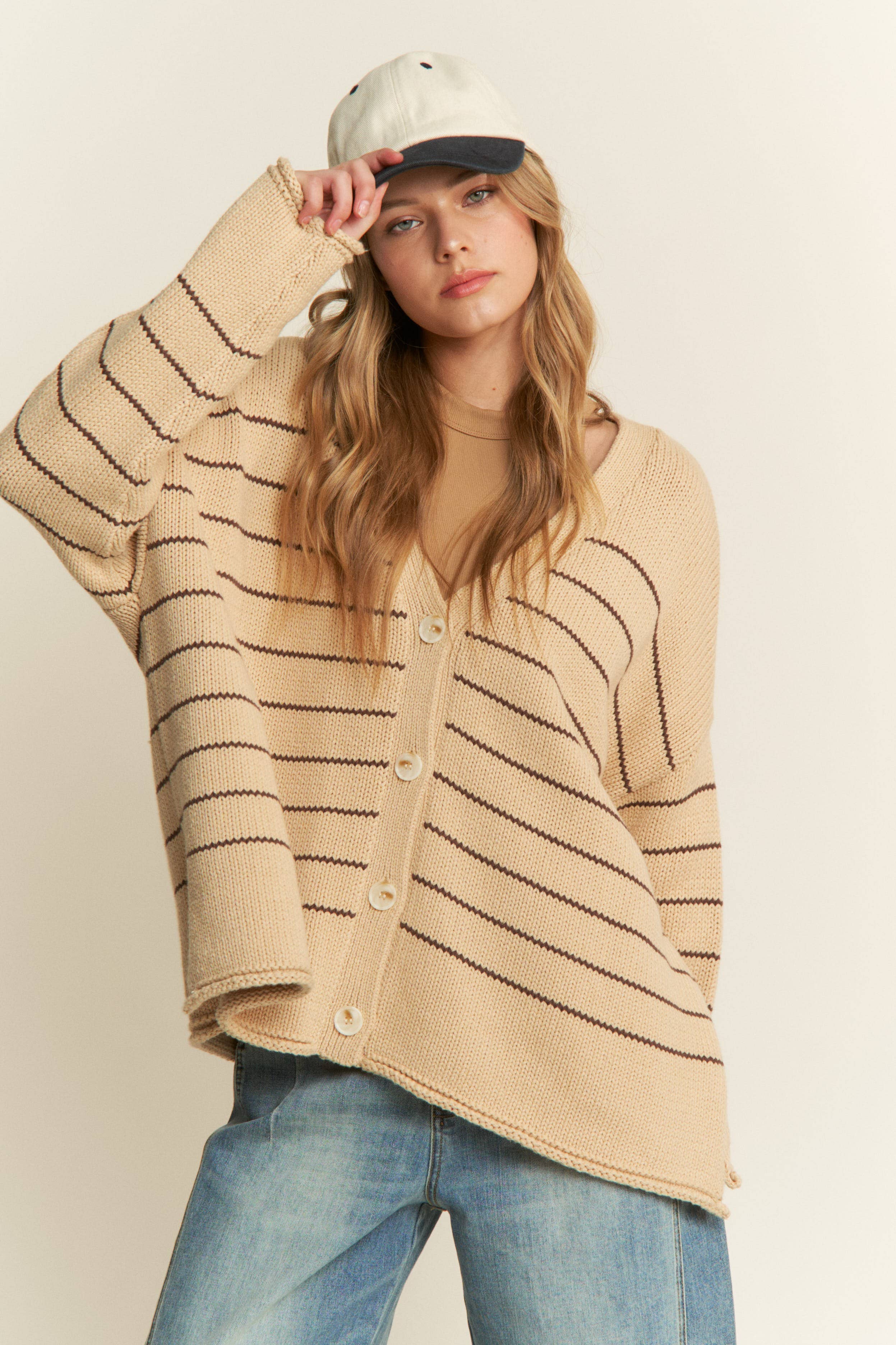 Taupe Drop Shoulder V-Neck Knit Cardigan for wholesale on Faire3