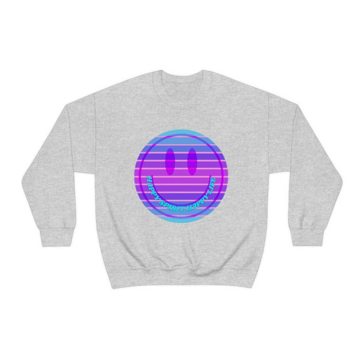 Sudadera Happy Spirit Happy Life, cuello redondo para niña de VSCO, tamaño grande, fuente retro, gráfico Tumblr, estampado frontal, cara sonriente, moderna para venta al por mayor de Happy Life Stuff