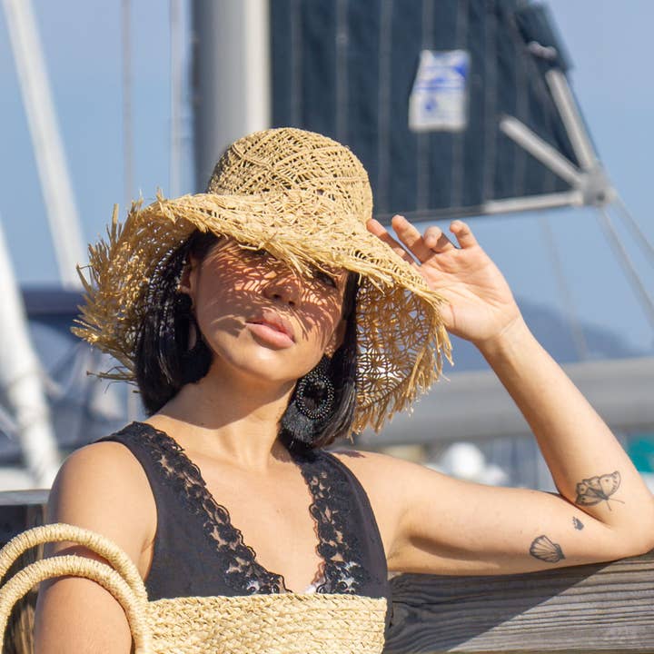 Shebobo - Wholesale Straw Hat - Women's - 7" Brim Karin Macrame Straw Sun Hats with Raw Fringe Edge
