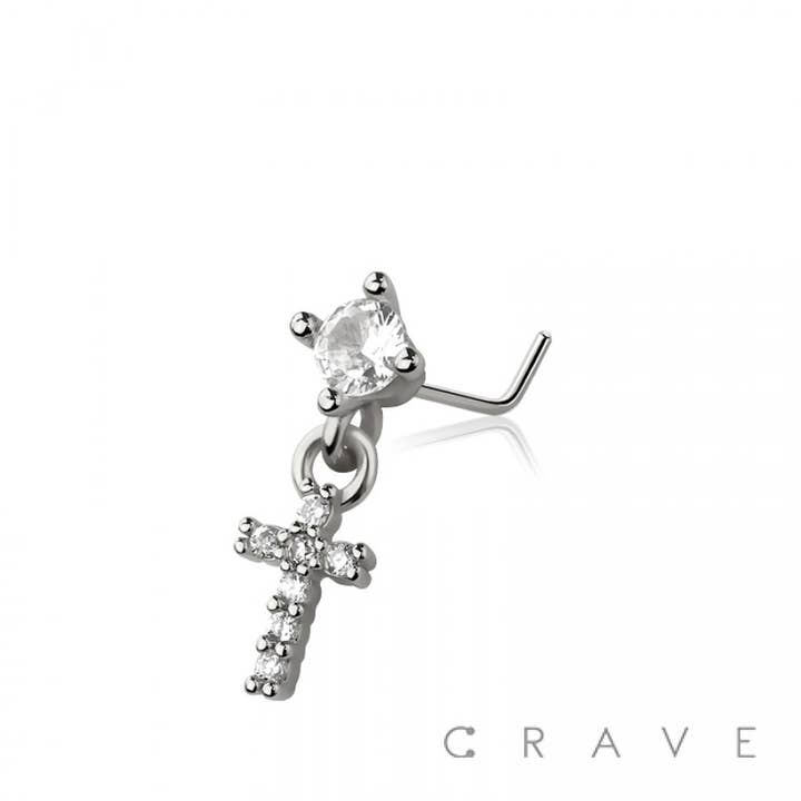 CRAVE - Wholesale Nose Ring - CZ CROSS DANGLE CZ 316L SURGICAL STEEL L-SHAPE NOSE RING3