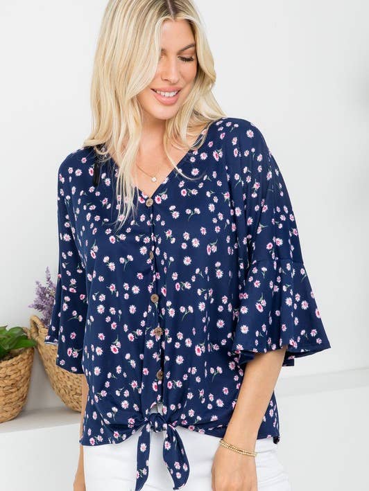 Gestreifte Tunika mit Knopfverschluss vorne und Glockenärmeln für den Großhandel von Rose Mellow Fashion