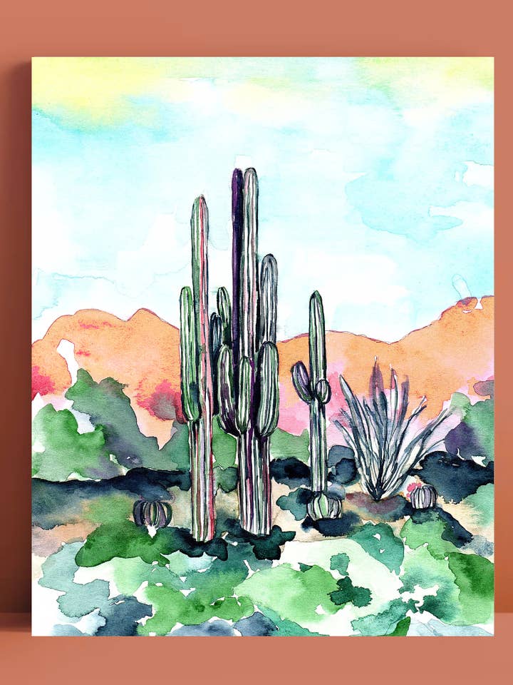 Stampa d'Arte ad Acquerello di Cactus Saguaro nel Deserto per la vendita all'ingrosso da parte di Pink Puddle Studio