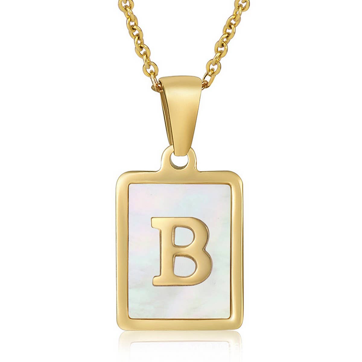 NINEXIS - Wholesale Pendant/Charm Necklace - CWAJE1917_Square Stainless Steel White Shell Letter Necklace2