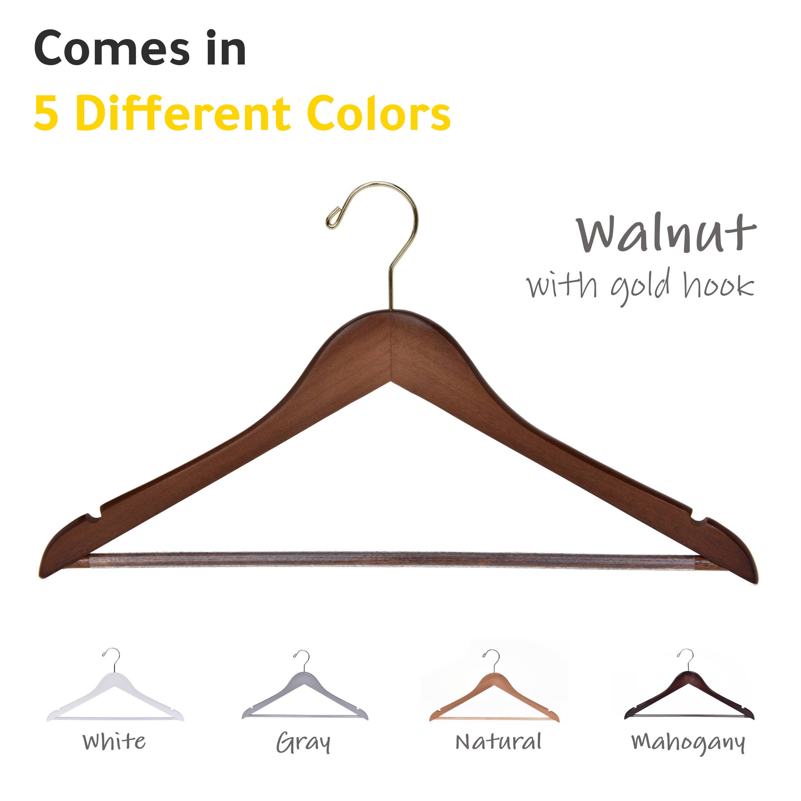 Quality Hangers - Wholesale Clothes Hangers - W010 Semi Curved Wooden Hangers, 17.5" Walnut-Gold - 90 Pcs3