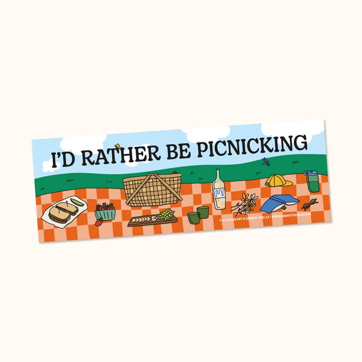 i'd rather be picnicking bumper sticker / magnet for wholesale by Gab Art & Design