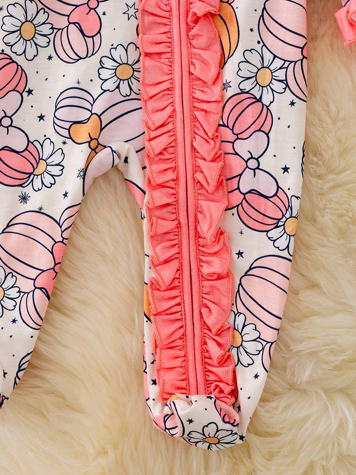 Kids Charm Online - Wholesale Jumpsuit - Baby - 🍁RPG40561 AMY: CHARACTER PRINTED PUMPKIN ONESIE WITH RUFFLE
