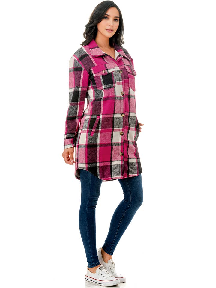 Color 5 - Vendita all'ingrosso Giacca a camicia - Donna - Giacca lunga in flanella scozzese rosa bianca con tasche3