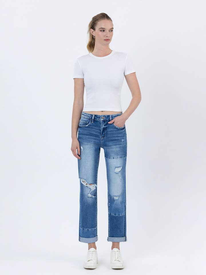 DILIGENT HIGH RISE COLOR BLOCK CUFFED BOYFRIEND JEANS F4612 for wholesale on Faire