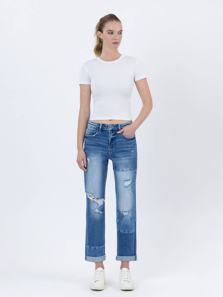 JEANS BOYFRIEND A VITA ALTA CON RISVOLTO A BLOCCHI DI COLORE F4612 per la vendita all'ingrosso da parte di FLYING MONKEY