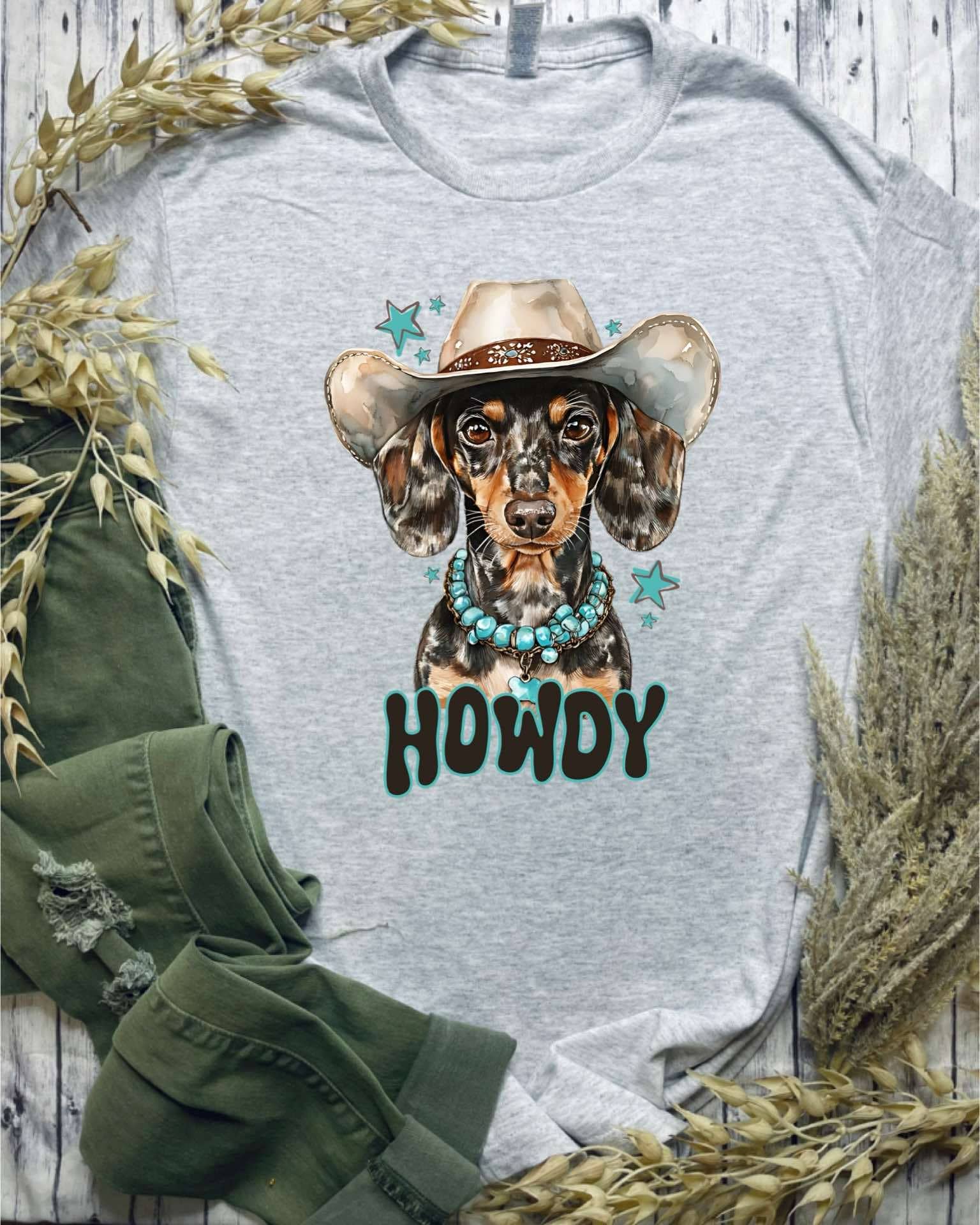 Ash Grey Howdy Weiner Dog (Gildan Tee) for wholesale on Faire0