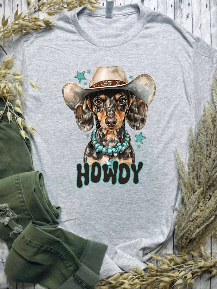 Ash Grey Howdy Weiner Dog (Gildan Tee) for wholesale on Faire0