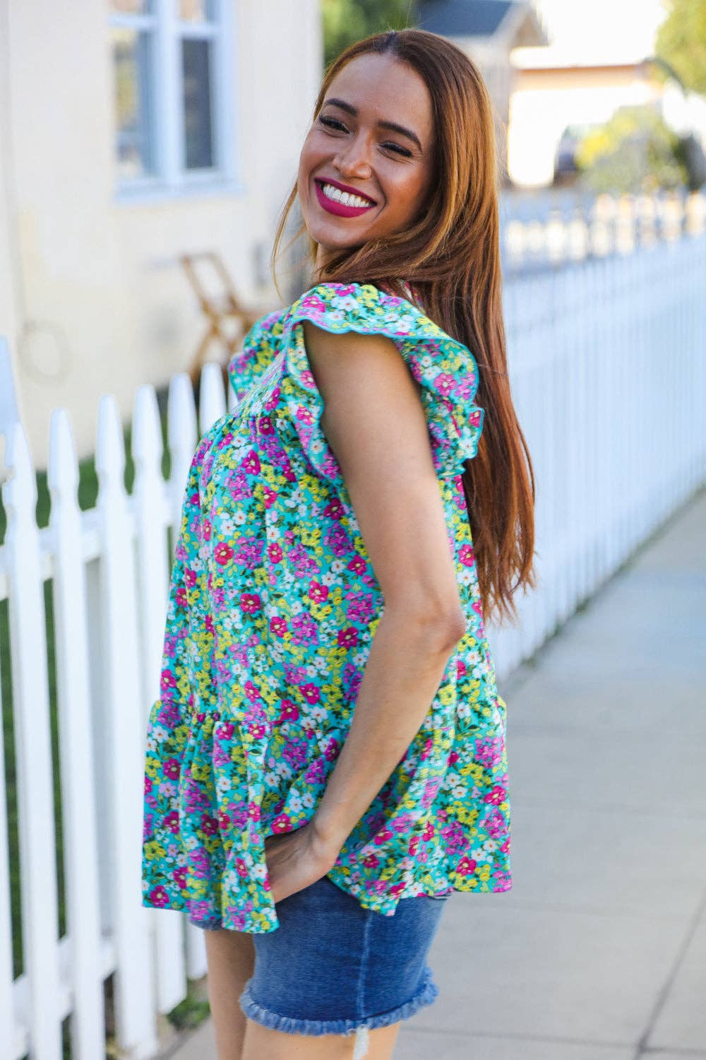 Promenade - Wholesale Blouse - Women's - All For You Mint Floral Yoke Flutter Sleeve Keyhole Back Top (Open Pack)3