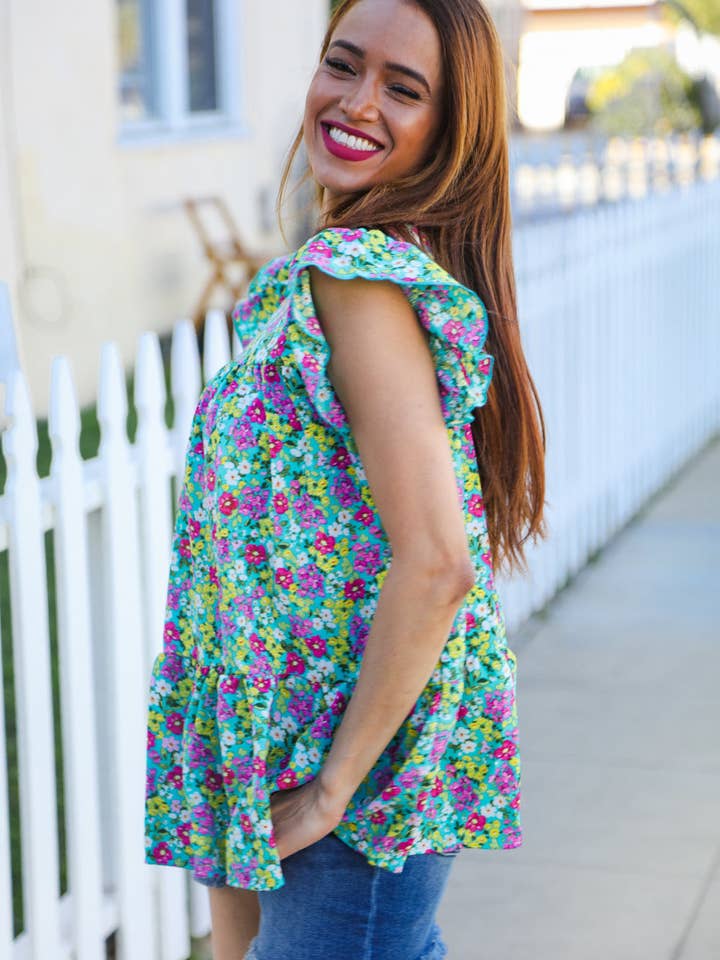 Promenade - Wholesale Blouse - Women's - All For You Mint Floral Yoke Flutter Sleeve Keyhole Back Top (Open Pack)3