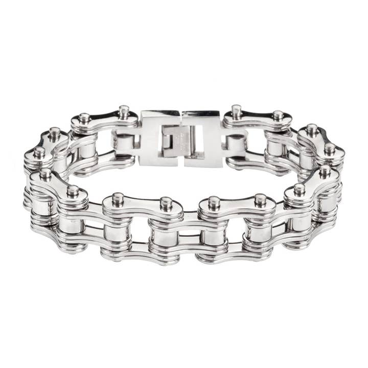 Bracciale a catena per moto unisex in acciaio inossidabile SK1128, design a doppio anello tono argento, larghezza 3/4". per la vendita all'ingrosso da parte di Heavy Metal Jewelry