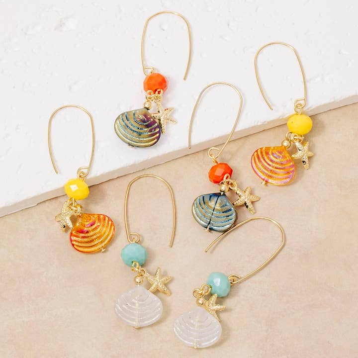 Faceted Bead Star Fish And Clam Shell Dangle Earrings for wholesale by Fame Accessories
