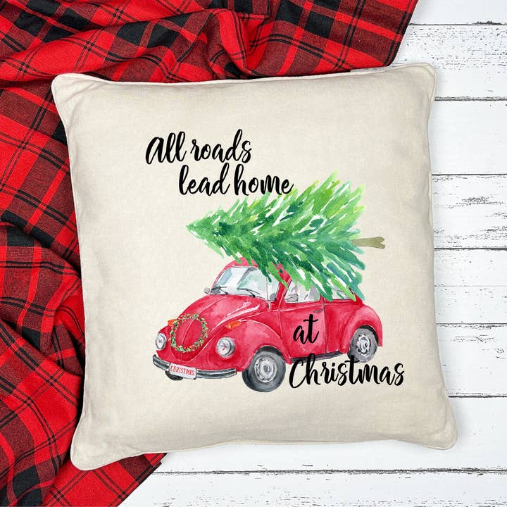 All Roads Lead Home at Christmas Red VW Bug with Christmas Tree Festive 20x20 Pillow for wholesale by Moss Rose Designs