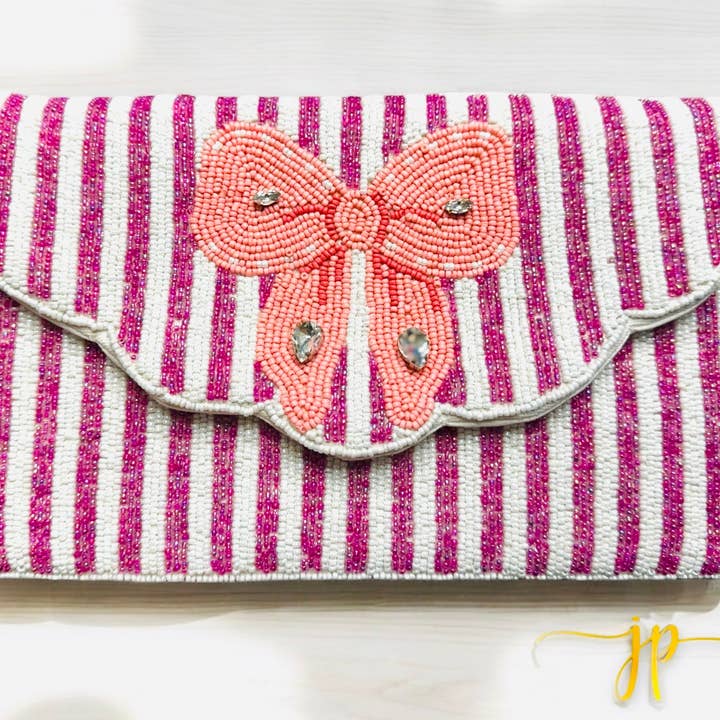 Royal Romance Pink Striped Beaded Clutch with Bow for wholesale by Jenny Patrick Designs ™