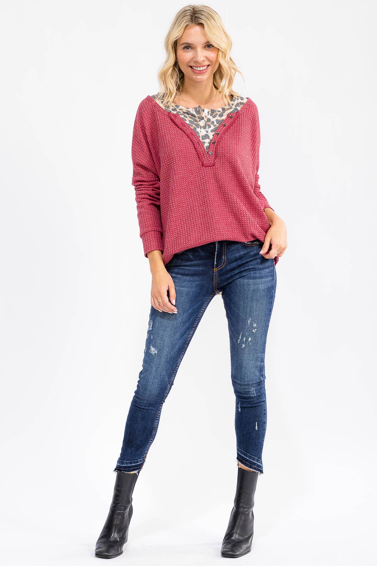 7th Ray - Wholesale Knit Top - Women's - Leopard Print Double layered Henley Top T60788