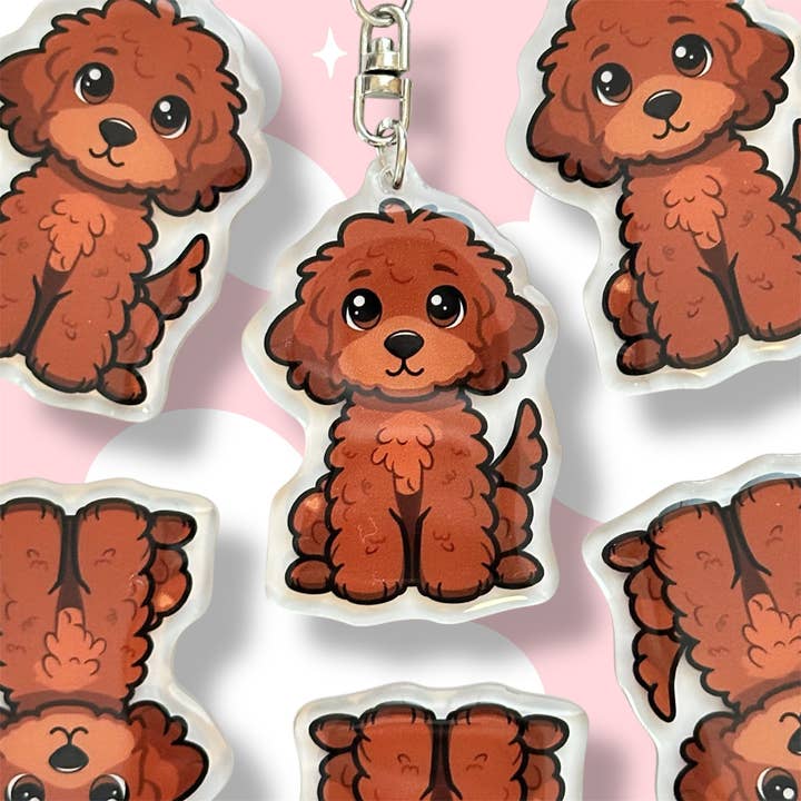 Rode Goldendoodle Labradoodle Acryl Honden Sleutelhanger met Epoxyhars | Makkelijk-Clip, Schattige Honden Cartoon, Handgetekend Ontwerp, Cadeau voor Hondenliefhebber voor wholesale door Milly Made Designs