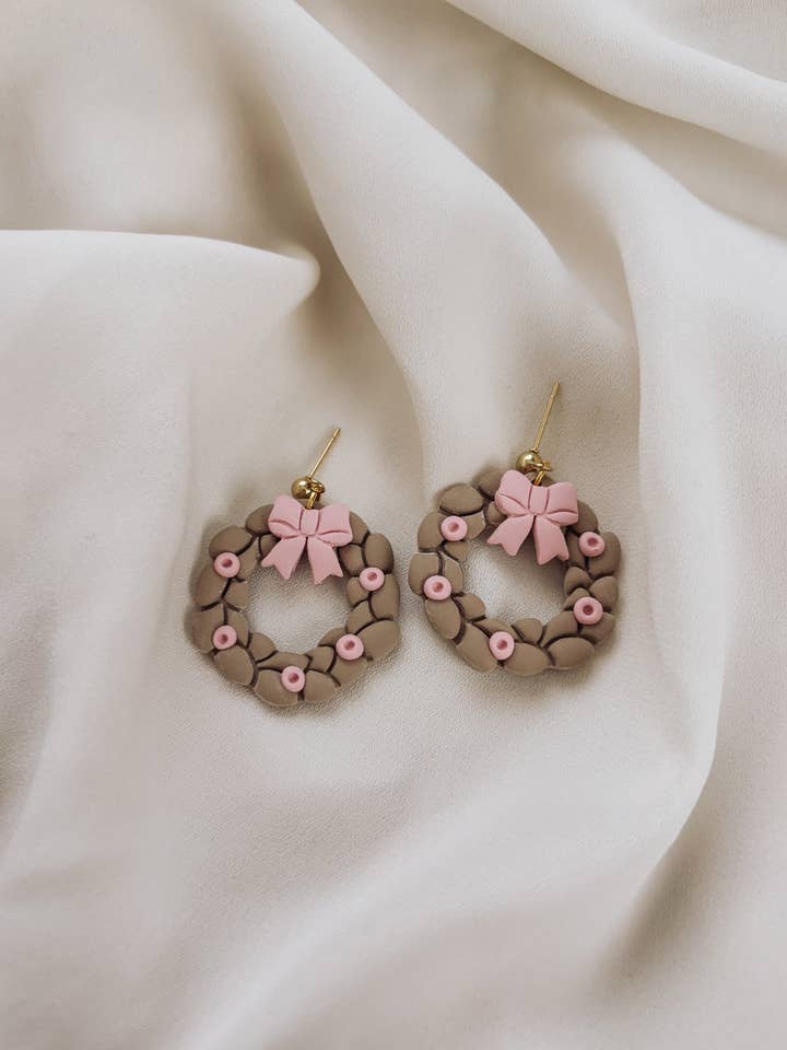 Pink Wreath Earrings, Pink Christmas Earrings for wholesale by Placed by Grace