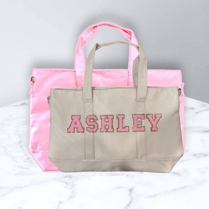 Tote Bag with Letter Customization Nylon Tote Bag DIY Customizable Glitter Varsity Letter Patches Travel Bag Bridesmaid Teacher gift, mom for wholesale by Social Grace & Company