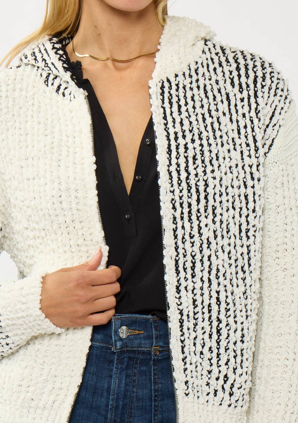 CREAM BLACK Color Block Popcorn Knit Sweater Jacket for wholesale on Faire3
