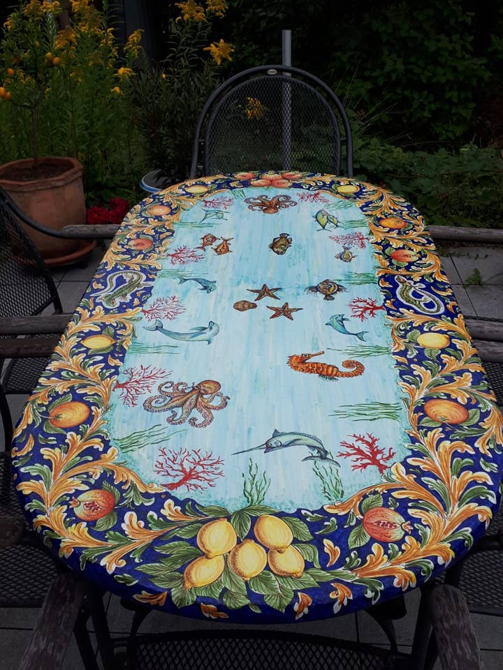 Mesa Oval “Mar da Sicília” (SG) – Pedra Lávica Decorada por atacado de DD Ceramiche Siciliane