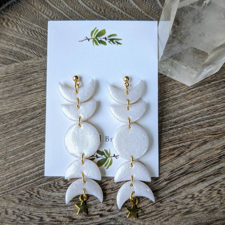 Stag and Branch - Wholesale Dangle Earrings - Pearlescent Moon Phase Dangle Earring Polymer Clay Celestial