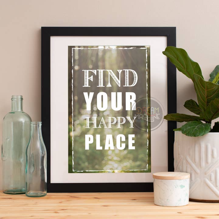 Póster motivacional Find Your Happy Place Póster colorido Impresión artística Cartel motivacional colorido Póster caprichoso Motivation25 para venta al por mayor de DreamMachine Prints