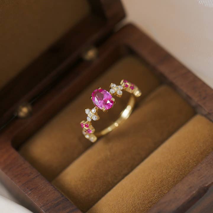 Sterling Silver Gold Plated Pink Clover Flower Ring for wholesale by happyzzzsu