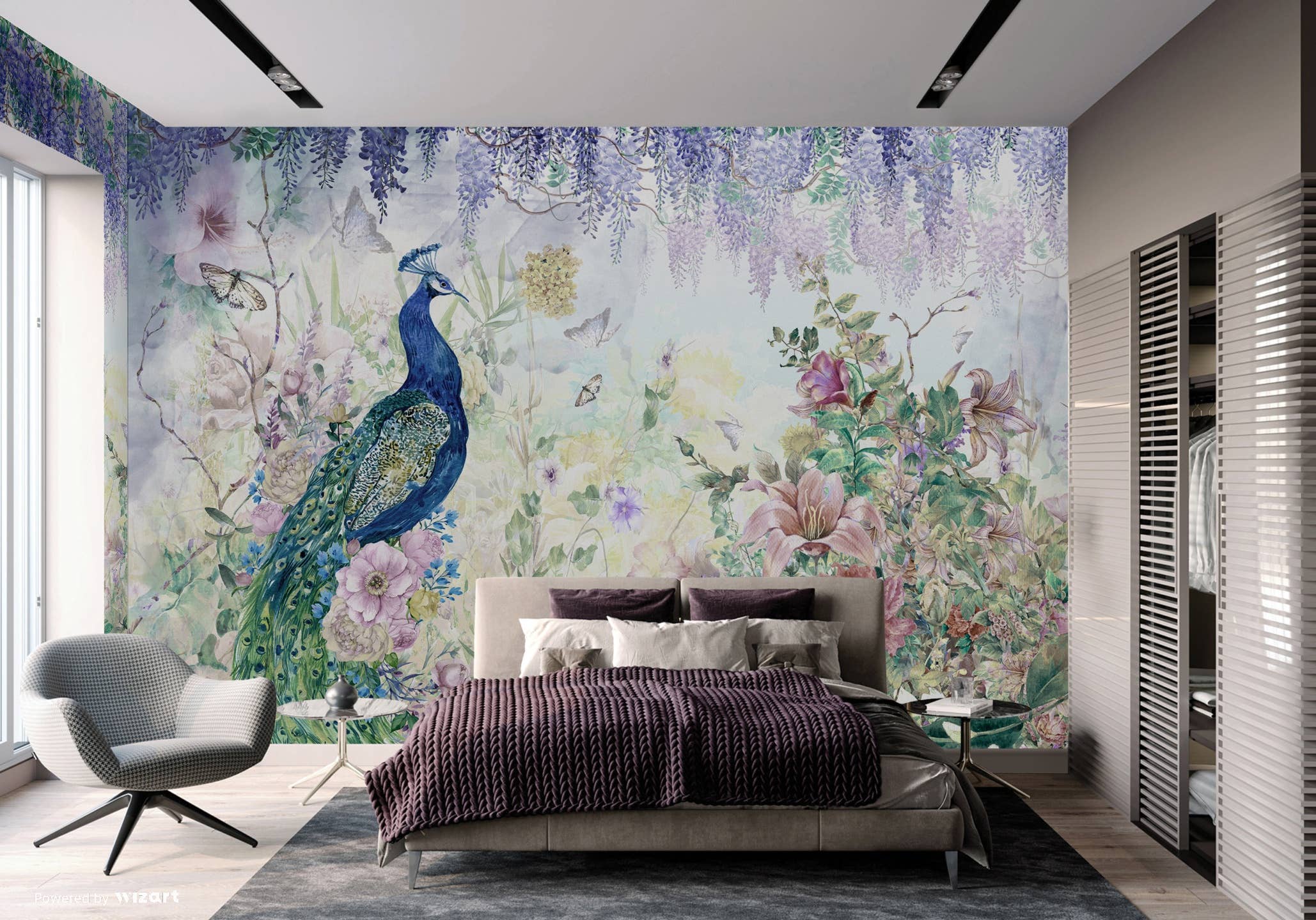 GK Home Decor - Vendita all'ingrosso Carta da parati - Murale di carta da parati con pavone e accenti floreali e glicine5