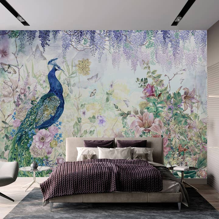 GK Home Decor - Vendita all'ingrosso Carta da parati - Murale di carta da parati con pavone e accenti floreali e glicine5