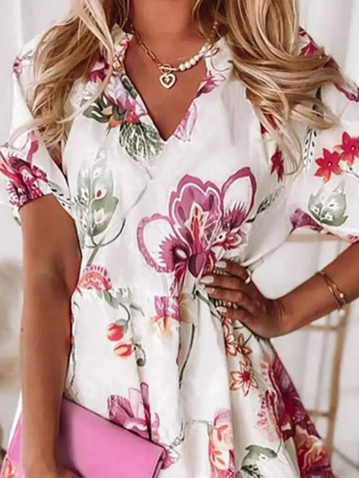 WHITE floral print v neck casual dress for wholesale on Faire