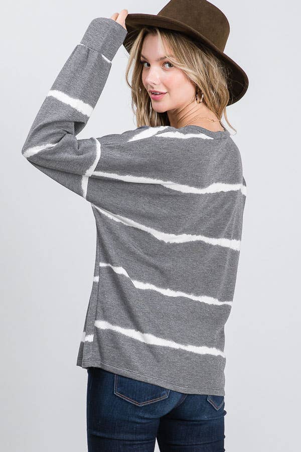 7th Ray – Engroshandel Strikket top - Dame – Stribet Tie Dye V-søm Drop Shoulder Langærmet Top T356534