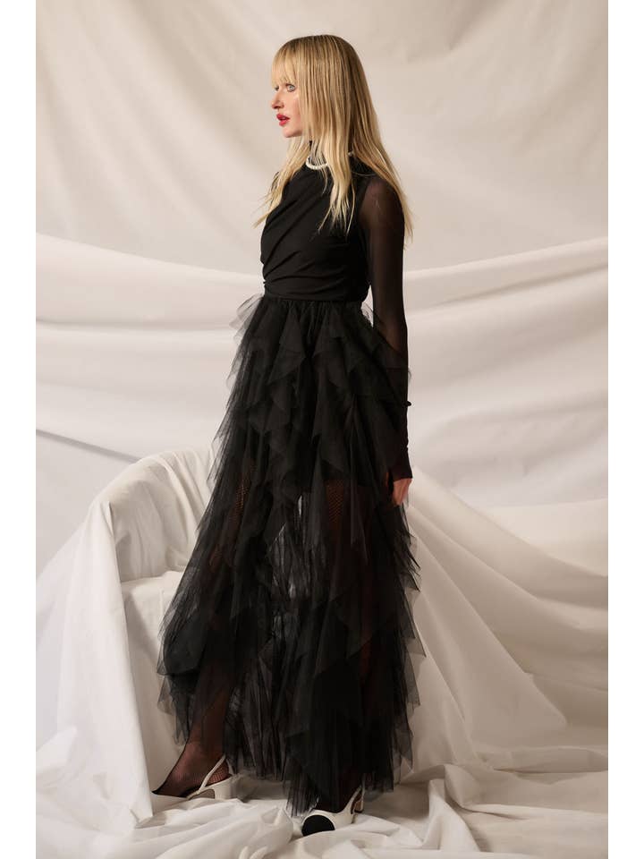 Black Ruffled Mesh Long-Sleeve Mock-Neck Maxi Dress for wholesale on Faire