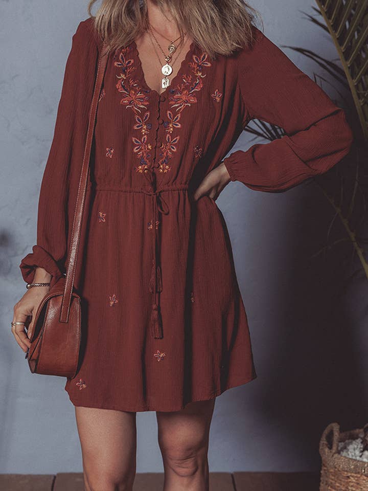 Floral Embroidered Long Sleeve Mini Dress  | S-XL for wholesale by Aapparella