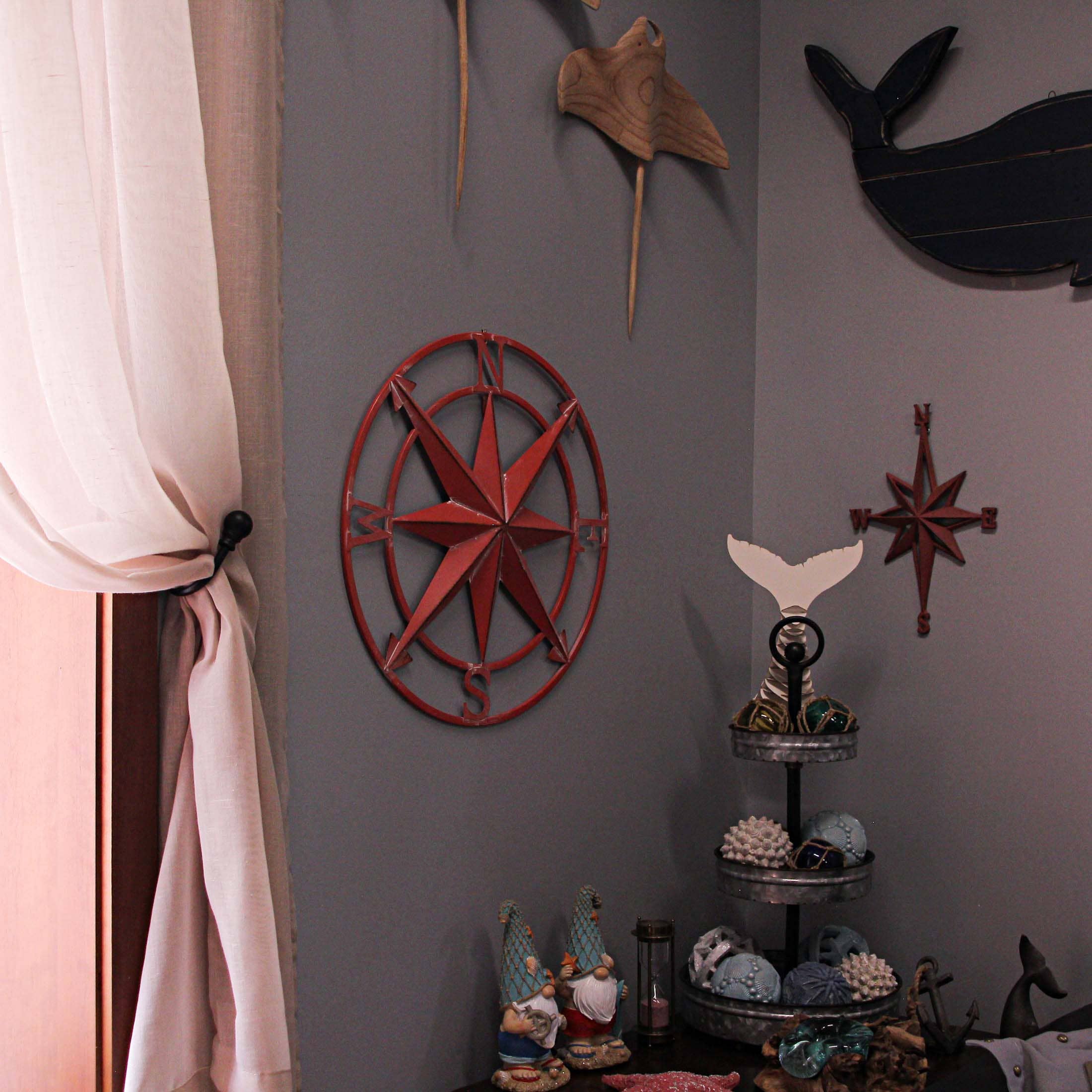 Zeckos - Wholesale Wall Accent - 20 Inch Distressed Metal Compass Rose Wall Hanging - Coral2