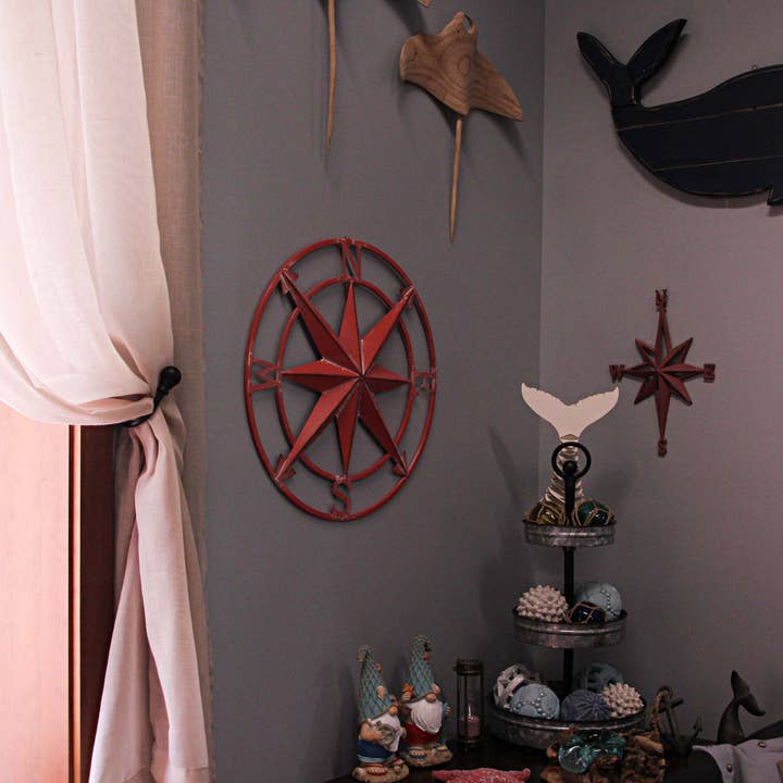Zeckos - Wholesale Wall Accent - 20 Inch Distressed Metal Compass Rose Wall Hanging - Coral2