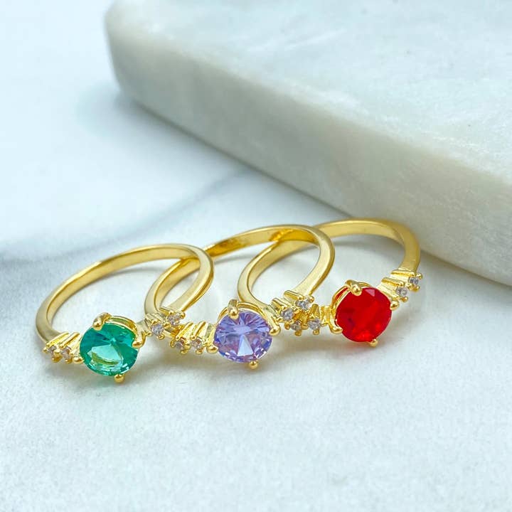 18k Gold Filled Ring, Dainty Round Cut Simulated Ruby, Amethyst or Emerald with CZ Side Accents, Minimalist Band for wholesale by Luxus Accessories