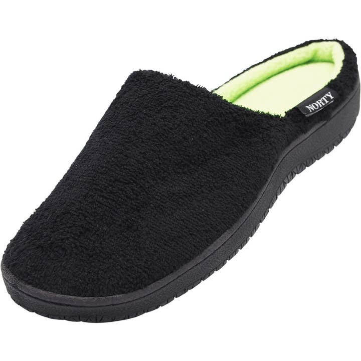 Norty Mens Slippers - Memory Foam Mule and Clog Slippers - Faux Suede, Microfiber or Flannel 40821-Black/Lime for wholesale by Eastern Off Price