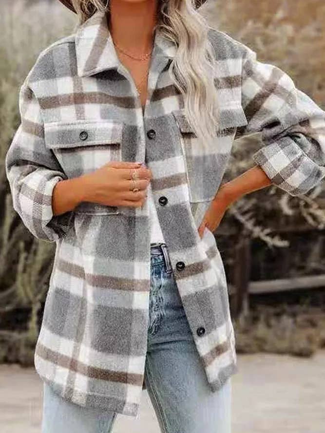 Khaki Plaid Flannel Shacket Jacket Women TOPW1118-K1 for wholesale on Faire1