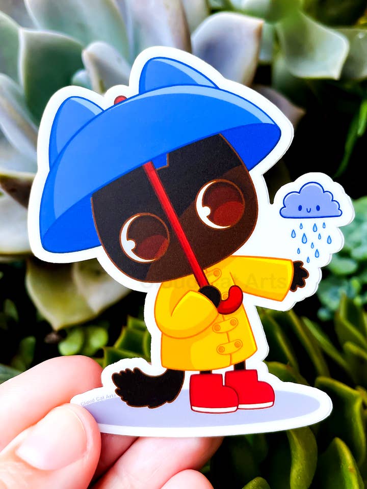 Rainy Day Milo - Black Cat Umbrella - Vinyl Sticker for wholesale by Cloud Cat Arts