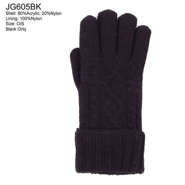 JG605_black - One Dozen Solid Color Cable Knit Gloves for wholesale by Jasper Trading LLC