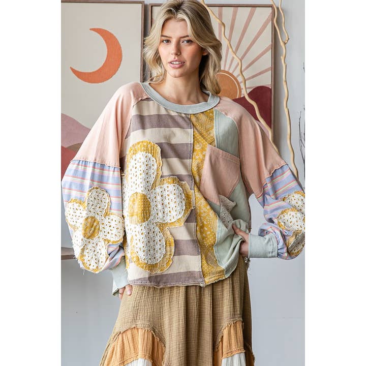 PINK COMBO DAISY PATCHWORK OVERSIZE LONG SLEEVE PULLOVER TOP for wholesale on Faire