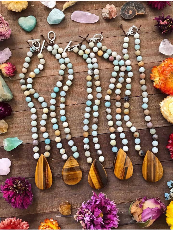 Tigers eye & amazonite hand knotted silk necklace for wholesale by Wingostarrjewelry