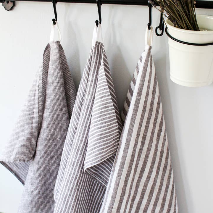 My Kitchen Linens - Wholesale Tea Towel - Brown Striped Linen Cotton Tea Towel - Set of 3