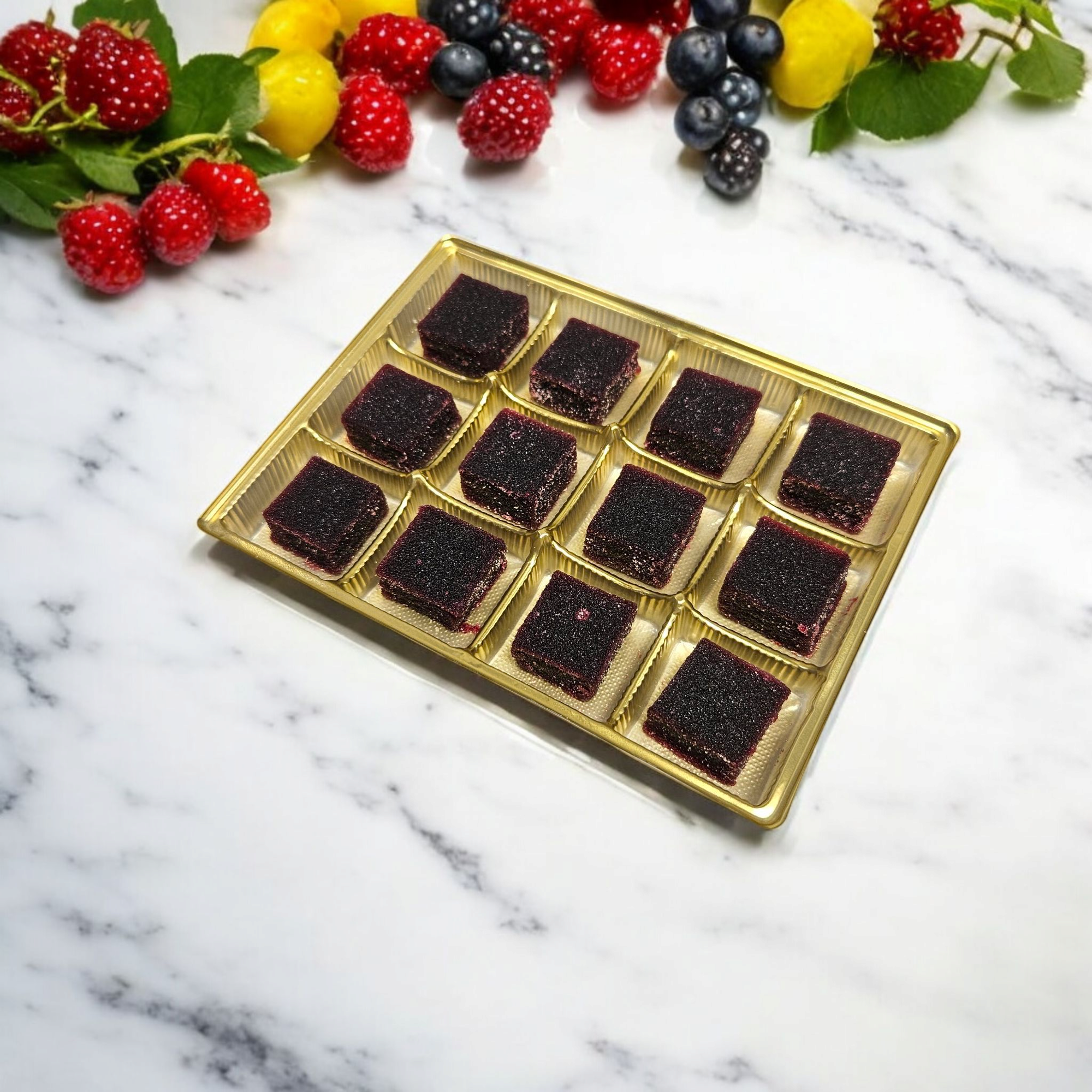 J. Patrice Chocolate Studio - Wholesale Gummy - Pâte de Fruit Bulk 12 piece Tray - All The Berries 1