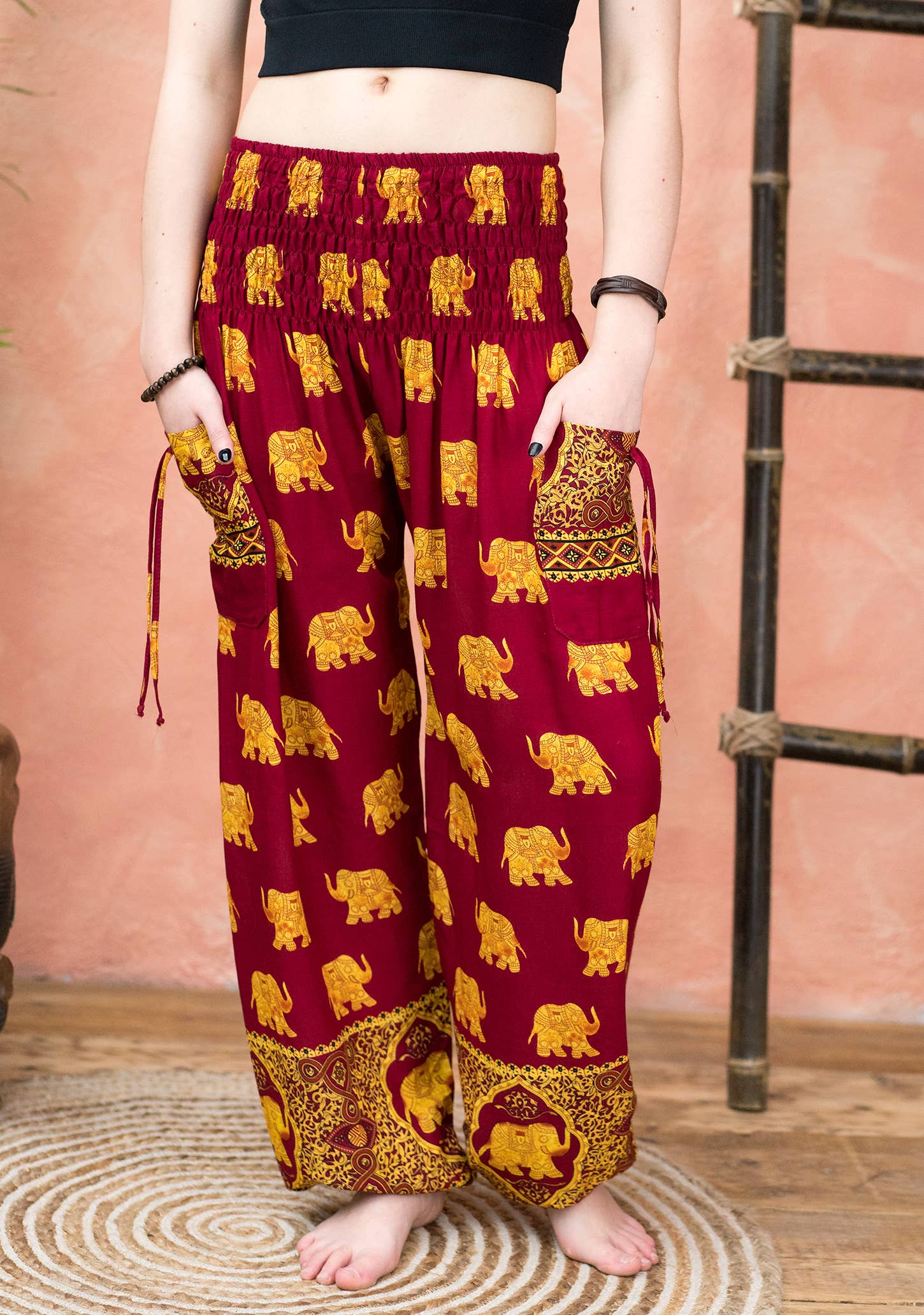 Namaste - Wholesale Pants - Women's - Freesize Gold Elephant Print Trouser With 2 Tie Pockets3