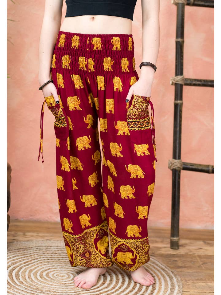 Namaste - Wholesale Pants - Women's - Freesize Gold Elephant Print Trouser With 2 Tie Pockets3